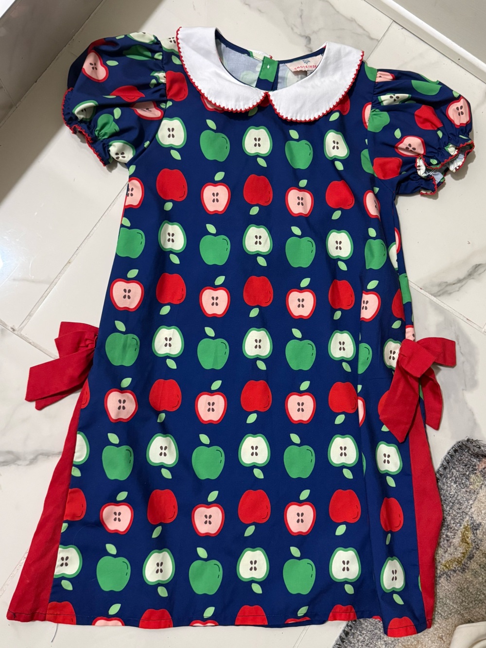 Smockingbird Apple Print Shift Dress w/Red Bows & Peter Pan Collar